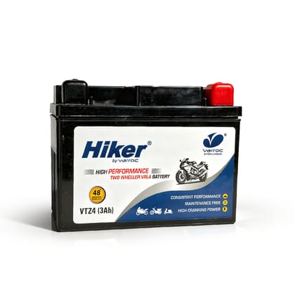 Hiker by Varroc VTZ4 12V 3Ah VRLA Bike Battery | Maintenance-free Sealed Lead Acid | ≥120 CA High Cranking Power | 1.51 Kg | 10.5 x 6.5 x 8 cm | For Motorcycles & Scooters | OEM Replacement