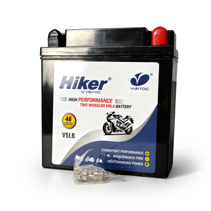 Hiker by Varroc V5LB 12V 5Ah VRLA Bike Battery | Maintenance-free Sealed Lead Acid | ≥130 CA High Cranking Power | 2.03 Kg | 11.5 x 5.5 x 12.5 cm | For Motorcycles & Scooters | OEM Replacement