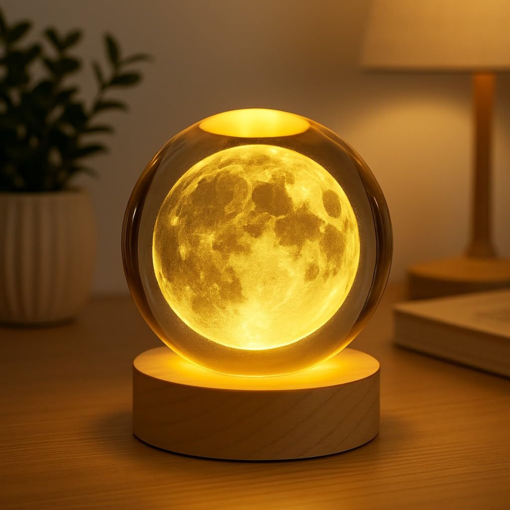 3D Crystal Ball Lamp with Wooden Base, Ambient Night Light