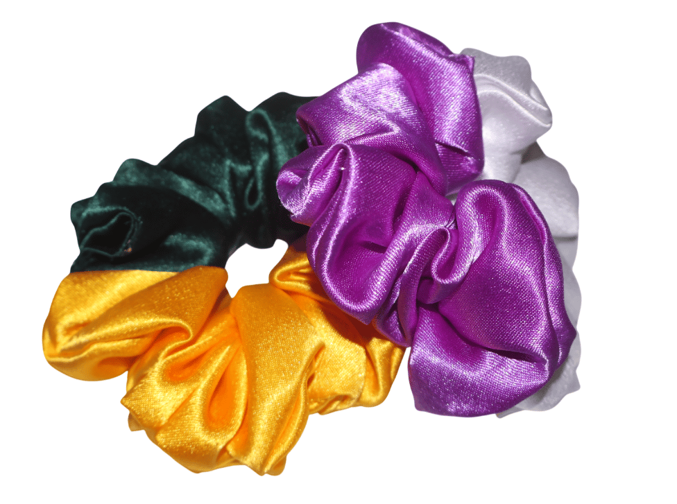 Satin Hair Scrunchies Set - Yellow, Green, Purple & White