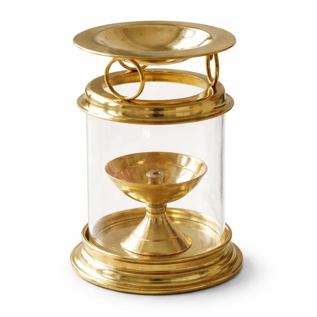 Gold Brass Aromatherapy Oil Model Akhand Diya With Glass Cover For Pooja