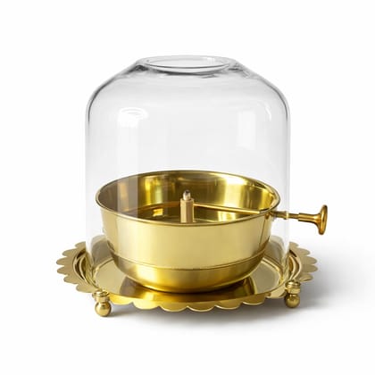 Gold Brass Akhand Jyoth Diya With Glass Cover | Deep Golden Pooja Deepak Diya With Wick Lifting Screw Lever | Perfect For Diwali, Navratri And Decoration