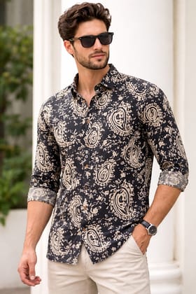 Men's Black & Beige Paisley Print Full-Sleeve Casual Shirt
