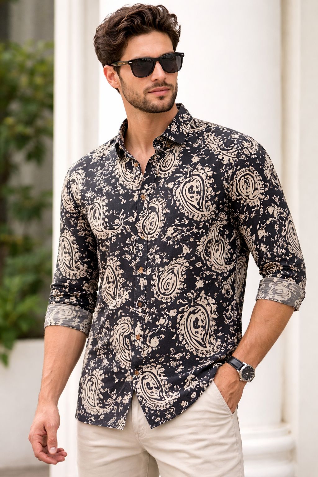 Men's Black & Beige Paisley Print Full-Sleeve Casual Shirt