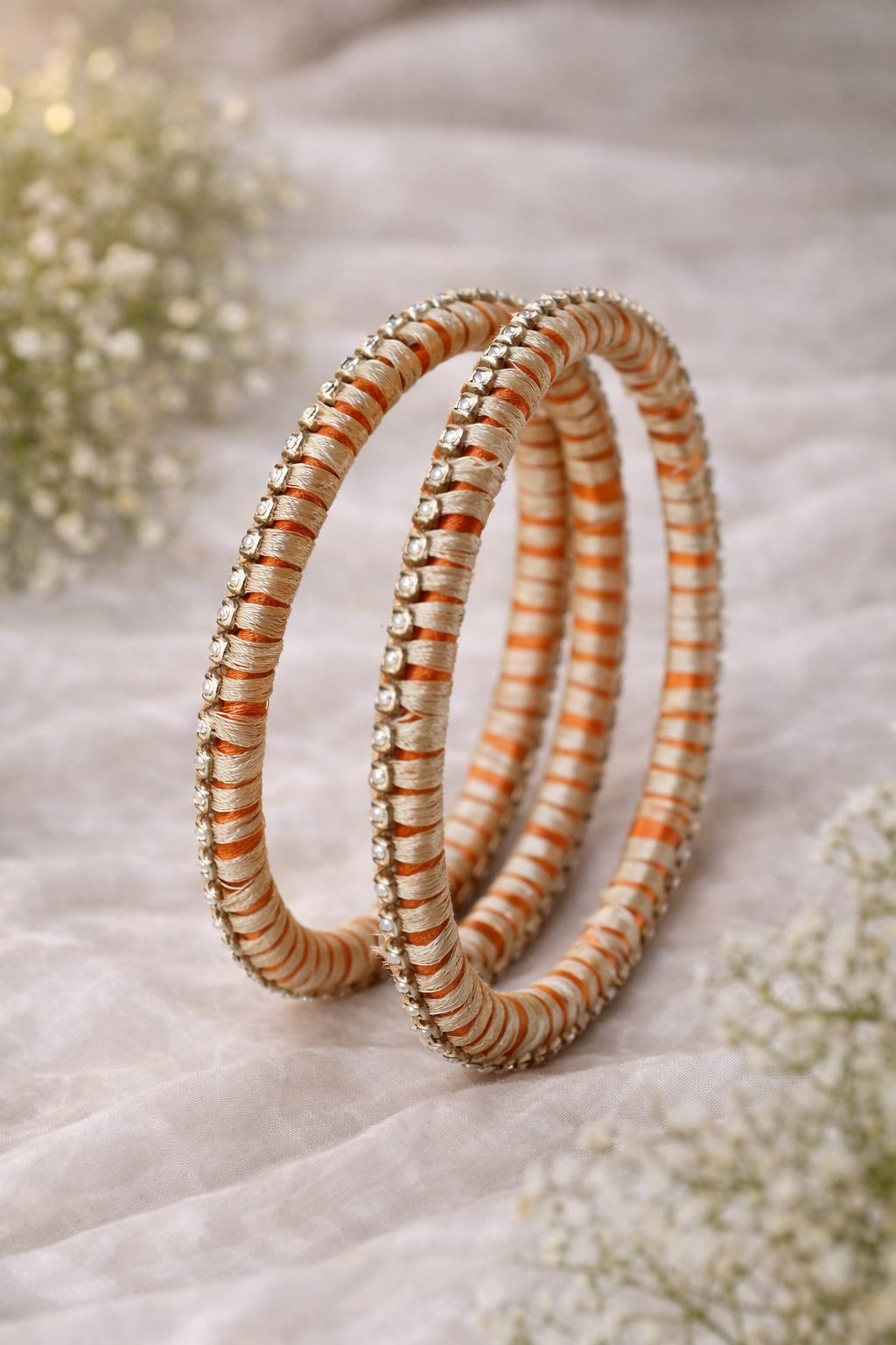 Orange & Cream Thread Wrapped Stone Studded Bangles (Set of 2)