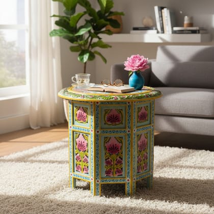 PREET GALLERY Handcrafted Wooden Round Side Table-Stool with Hand-Painted Floral Design - Traditional Indian Home Decor Accent Furniture, Coffee Table PREET GALLERY Handcrafted Wooden Round Side Table-Stool with Hand-Painted Floral Design - Traditional Indian Home Decor Accent Furniture, Coffee Table