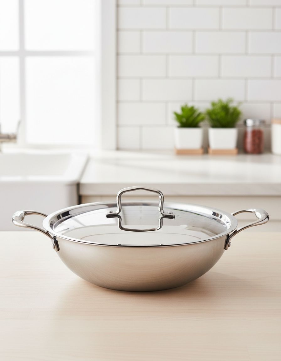 Tri-Ply Stainless Steel Deep Kadhai with Stainless Steel Lid | 26cm / 4L | Even-Heat 3-Ply Steel | Induction Compatible | Metal-Spoon Safe