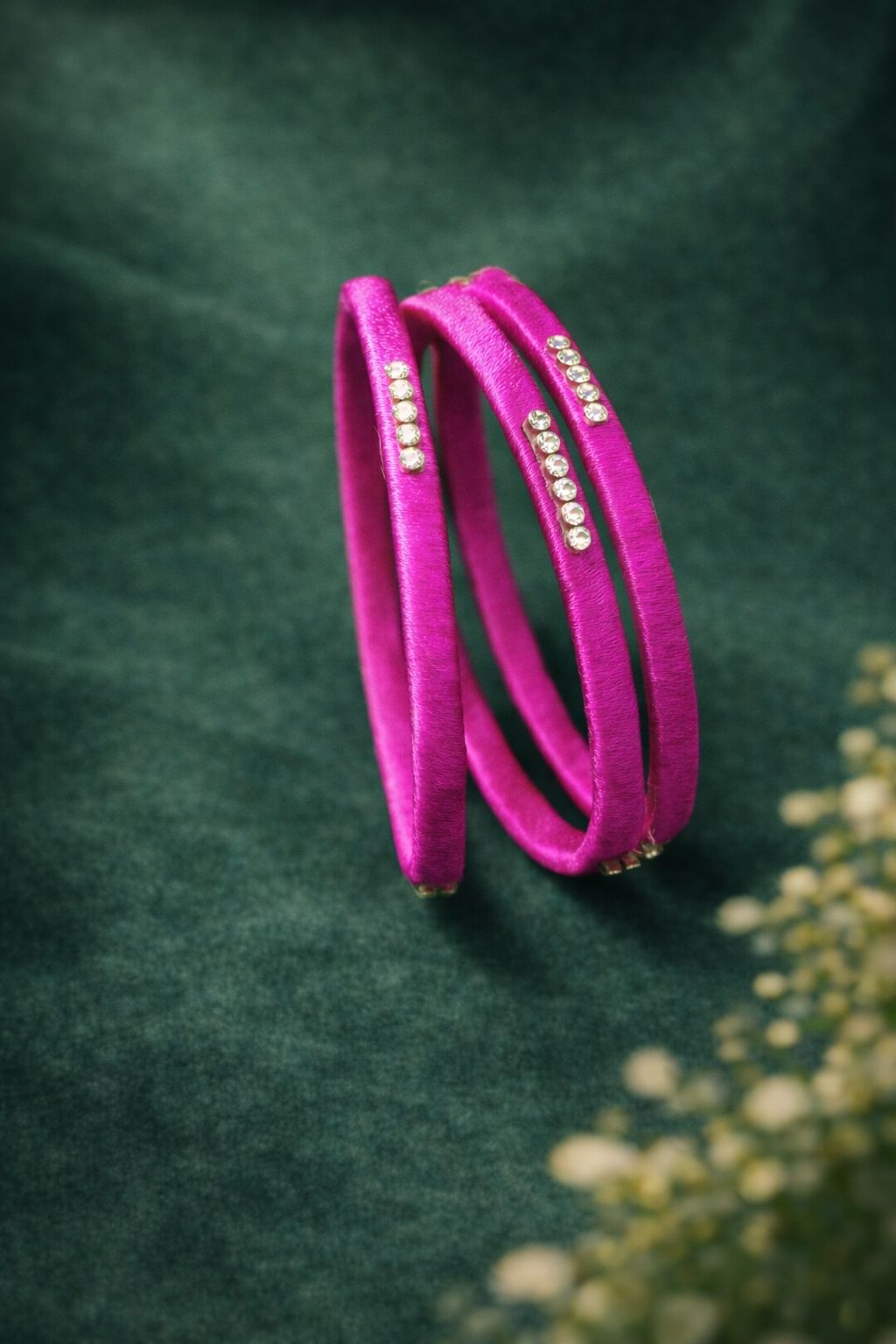 Fuchsia Pink Silk Thread Bangles with Stone Embellishments