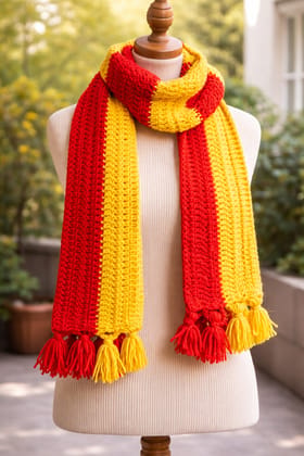 Handmade Red & Yellow Striped Crocheted Scarf with Tassels