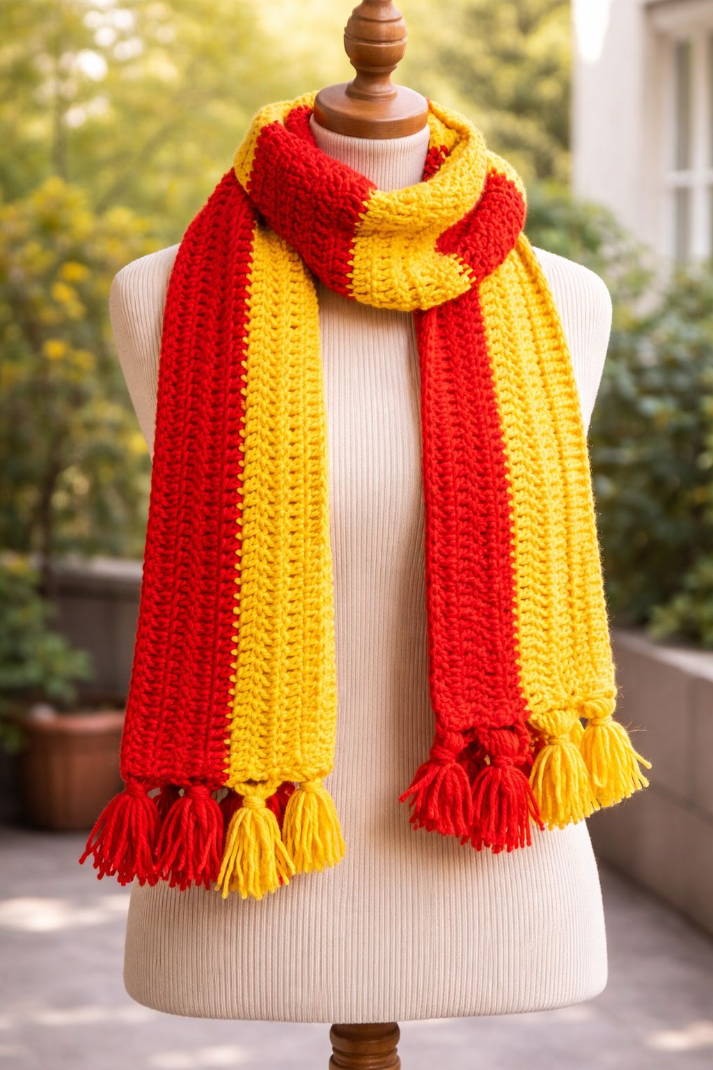 Handmade Red & Yellow Striped Crocheted Scarf with Tassels