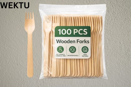 WEKTU 100 PCS Eco-Friendly Wooden Forks | Biodegradable, Compostable & Heavy Duty Disposable Cutlery for Party, Picnic & Catering