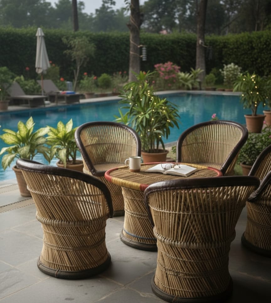 Premium Bamboo Chair Set with Table|Kursi|Garden Chairs with Table|Chairs for Living Room, Home, Dining Room, Bedroom, Kitchen, Office, Outdoor & Garden|Set of 4 Chairs & 1 Table (Brown)