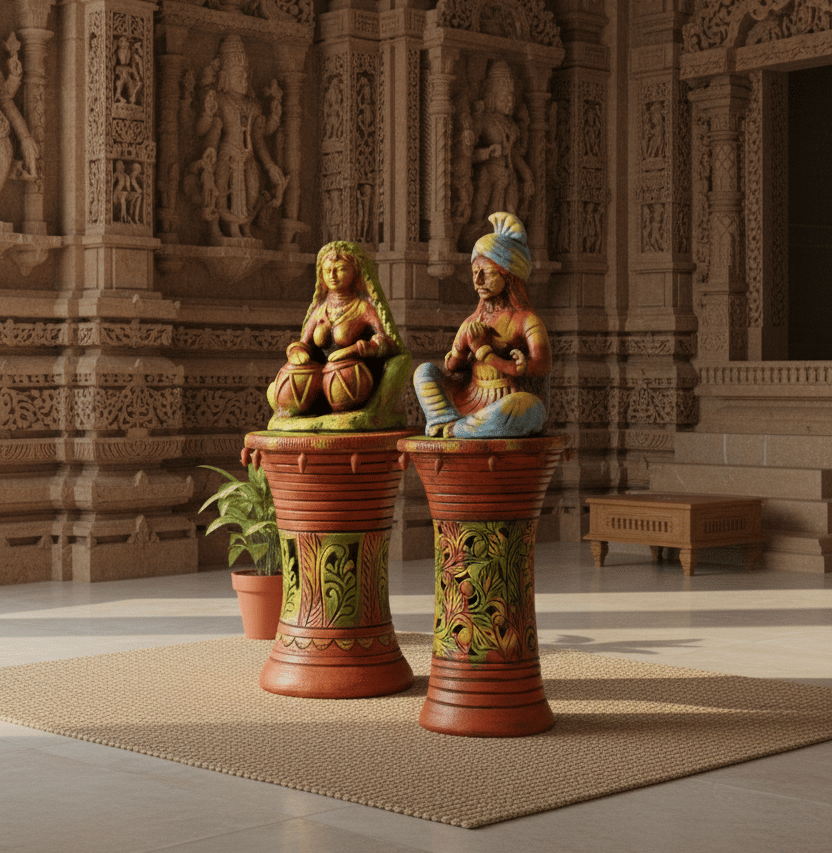 Hand-Painted Rajasthani Folk Artist Terracotta Pedestal Set (Pair of 2)
