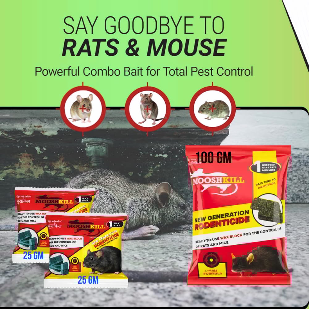 Powerful Rodent Control Cake | Kill in One Feed Formula | Effective for Home, Shop & Warehouse Use Fast-Acting Poison for Rats & Mice | 100GMx1+25GMx2