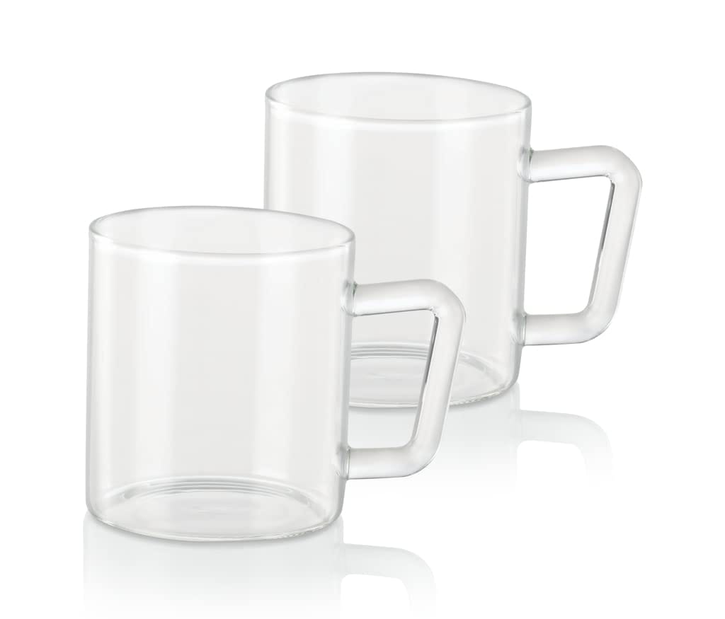 Borosil 305 ml 2pc Vision Classic Delite Tea and Coffee Mug Set | Made in India Borosillicate Glass, Microwave Safe, Scratch Resistance, Lightweight | Cup Set for Chai, Green Tea, Milk | Transparent