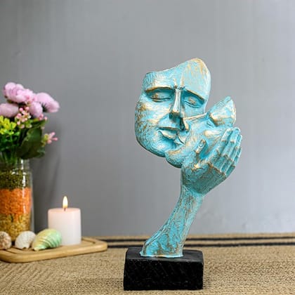 Modern Abstract Figure Face Sculpture with Hand, Antique Blue & Gold Resin Modern Abstract Figure Face Sculpture with Hand, Antique Blue & Gold Resin