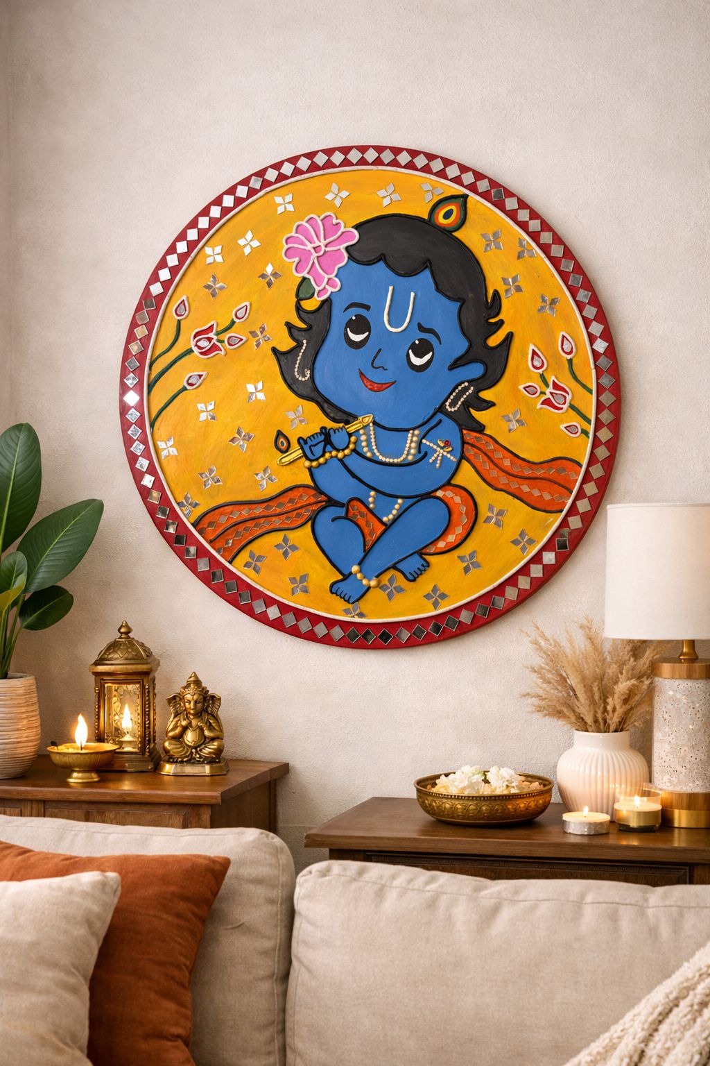 Hand-Painted Bal Krishna Circular Wooden Wall Decor with Mirror Work