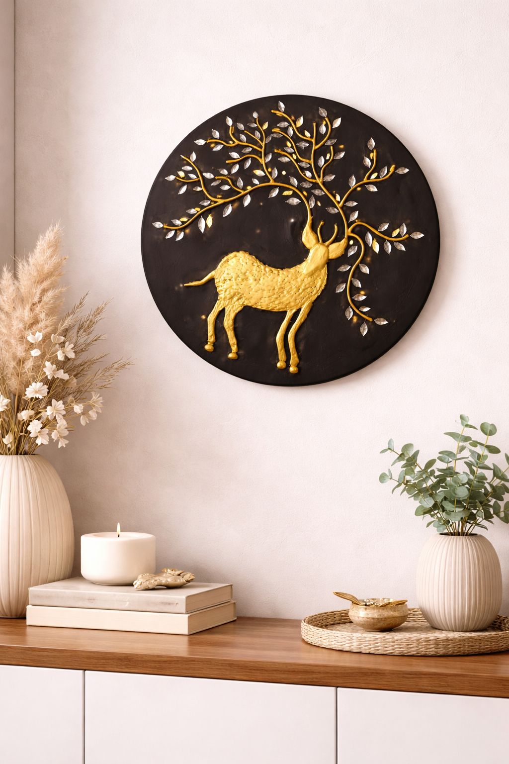 Majestic Golden Deer Tree Wall Art Plate