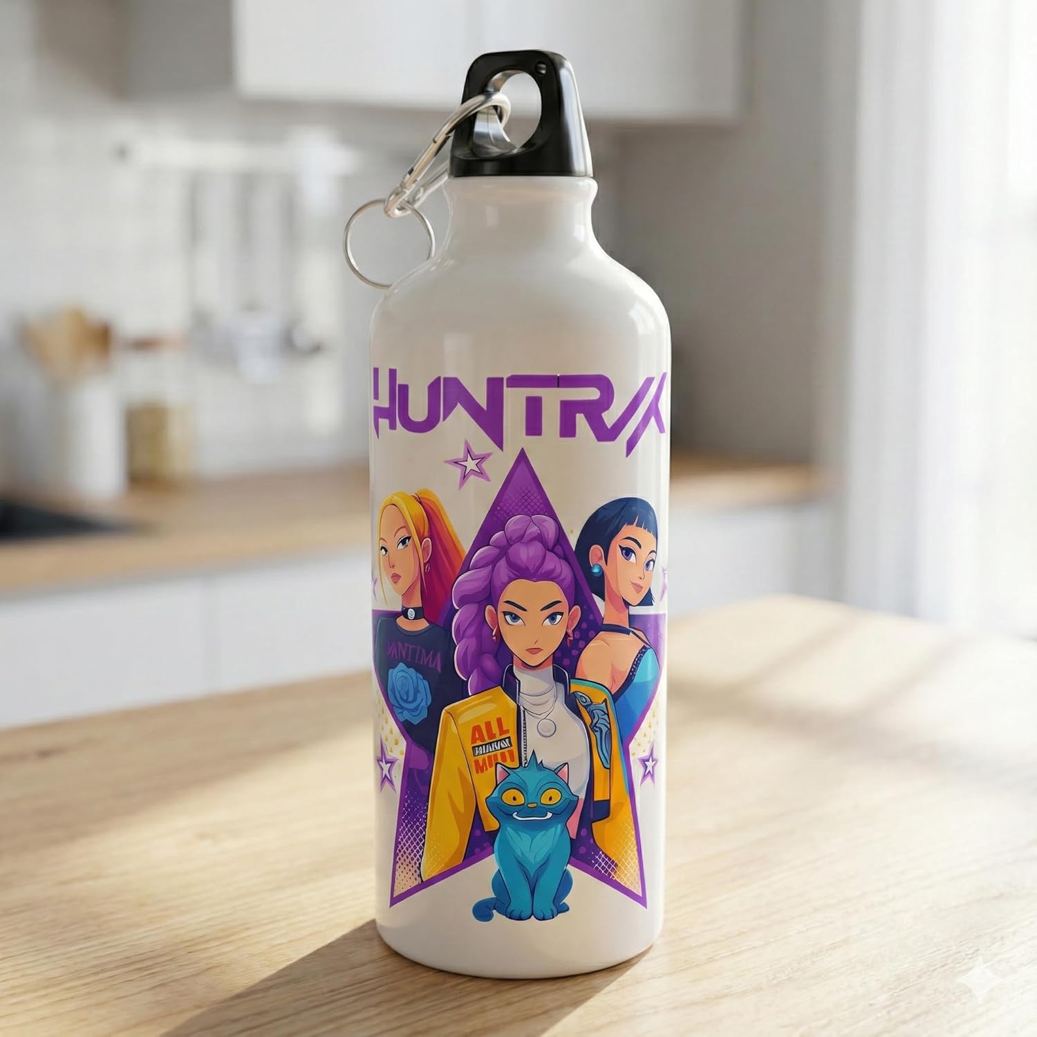 Pop Star Anime Theme Metal Water Bottle, 600ml Capacity, Leak-Proof Design with Detachable Keyring, 9 Inch Height, Customizable White Bottle for School and Travel Demon Design