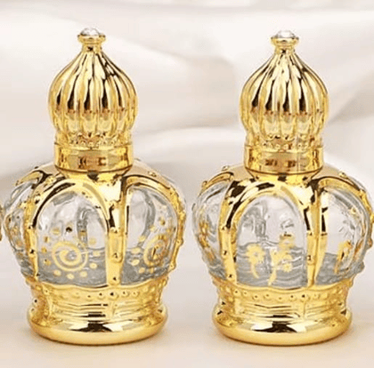 Mii Art Elegant Golden Glass 10ml Gift Bottle by Mii Art – Vintage-Style Refillable Attar Vial for Special Occasions (pack of 2 pcs)