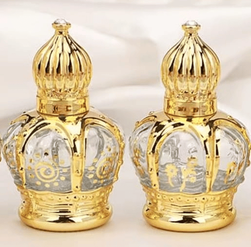 Mii Art Elegant Golden Glass 10ml Gift Bottle by Mii Art – Vintage-Style Refillable Attar Vial for Special Occasions (pack of 2 pcs)