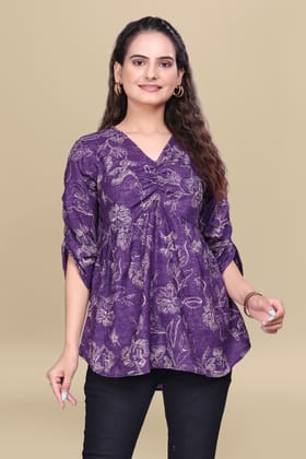 Purple Printed Cotton V-Neck Top with Three-Quarter Sleeves