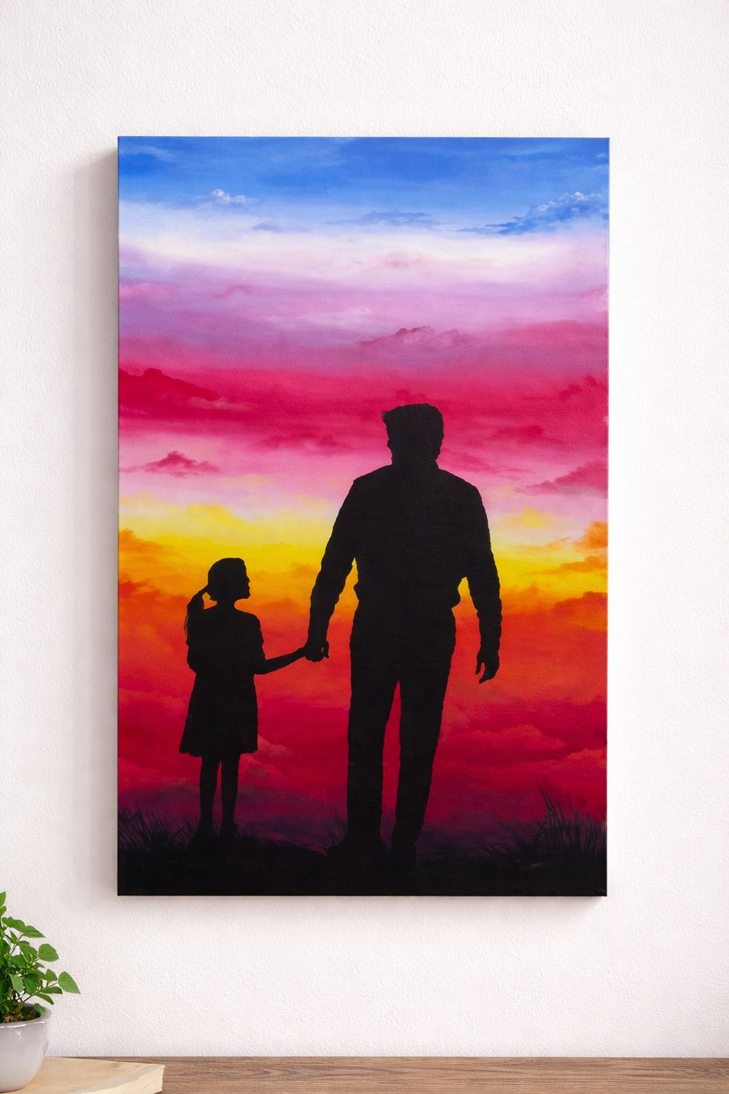 Father and Daughter Sunset Silhouette Canvas Art