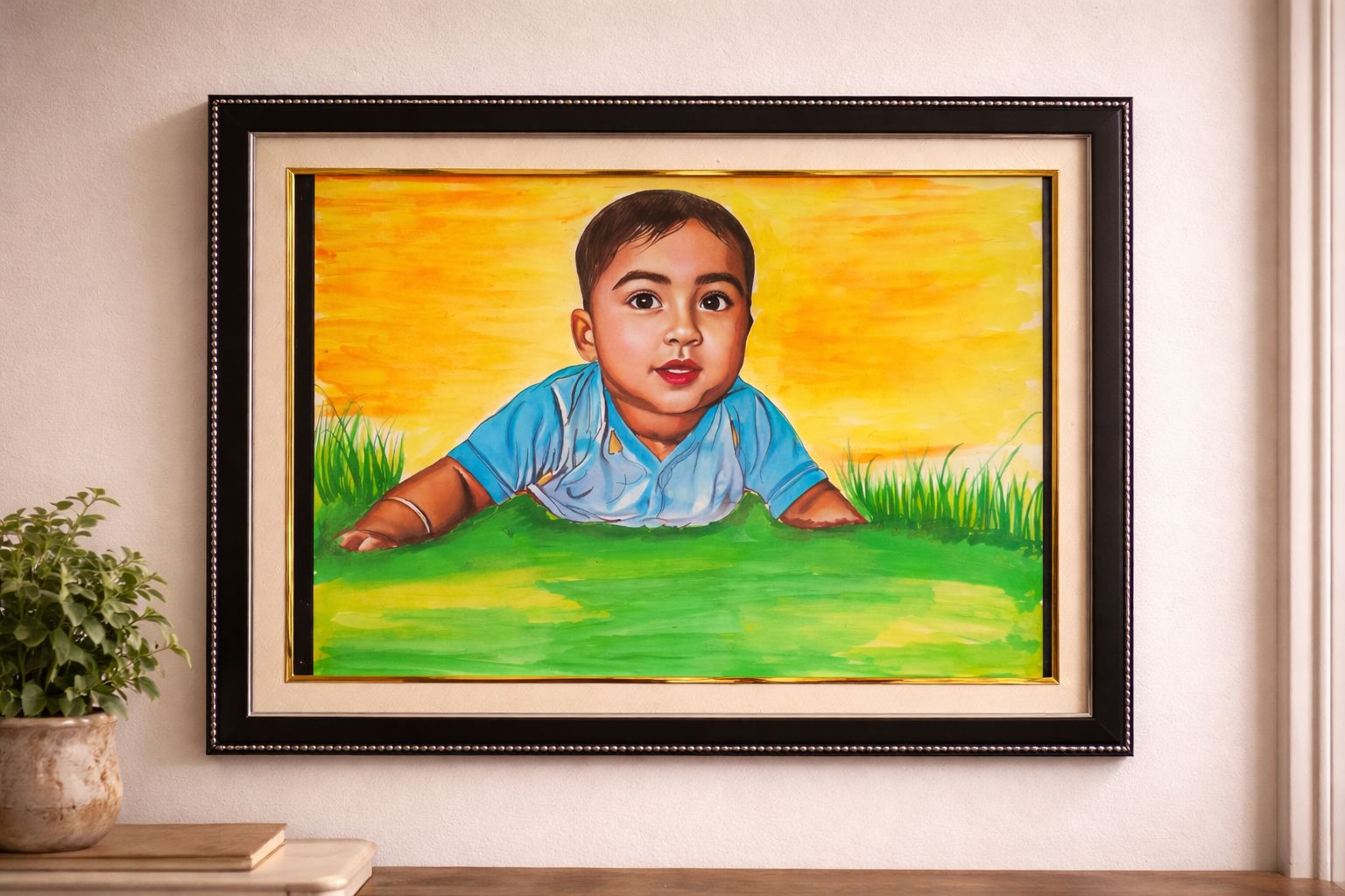 Framed Watercolor Portrait of Child