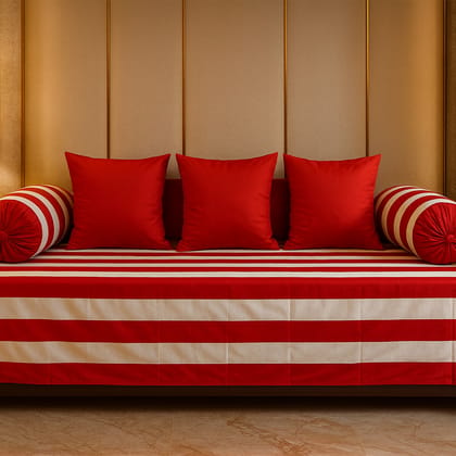 Cotton Blend Red & White Diwan Cover with 3 Cushion & 2 Bolster Covers Cotton Blend Red & White Diwan Cover with 3 Cushion & 2 Bolster Covers