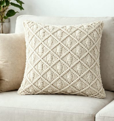 Macrame Cushion Cover 17 x 17 inch Handmade Soft Boho Cotton Pillow Case for Sofa Set Bed Living Room Bedroom in Premium Canvas Fabric with Back Zipper, Off-White, 1-Piece Macrame Cushion Cover 17 x 17 inch Handmade Soft Boho Cotton Pillow Case for Sofa Set Bed Living Room Bedroom in Premium Canvas Fabric with Back Zipper, Off-White, 1-Piece