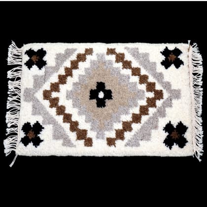ELURU-Elegant Geometric Woolen Door Mat | Soft Handcrafted Ethnic Carpet with Fringe – Beige & Brown