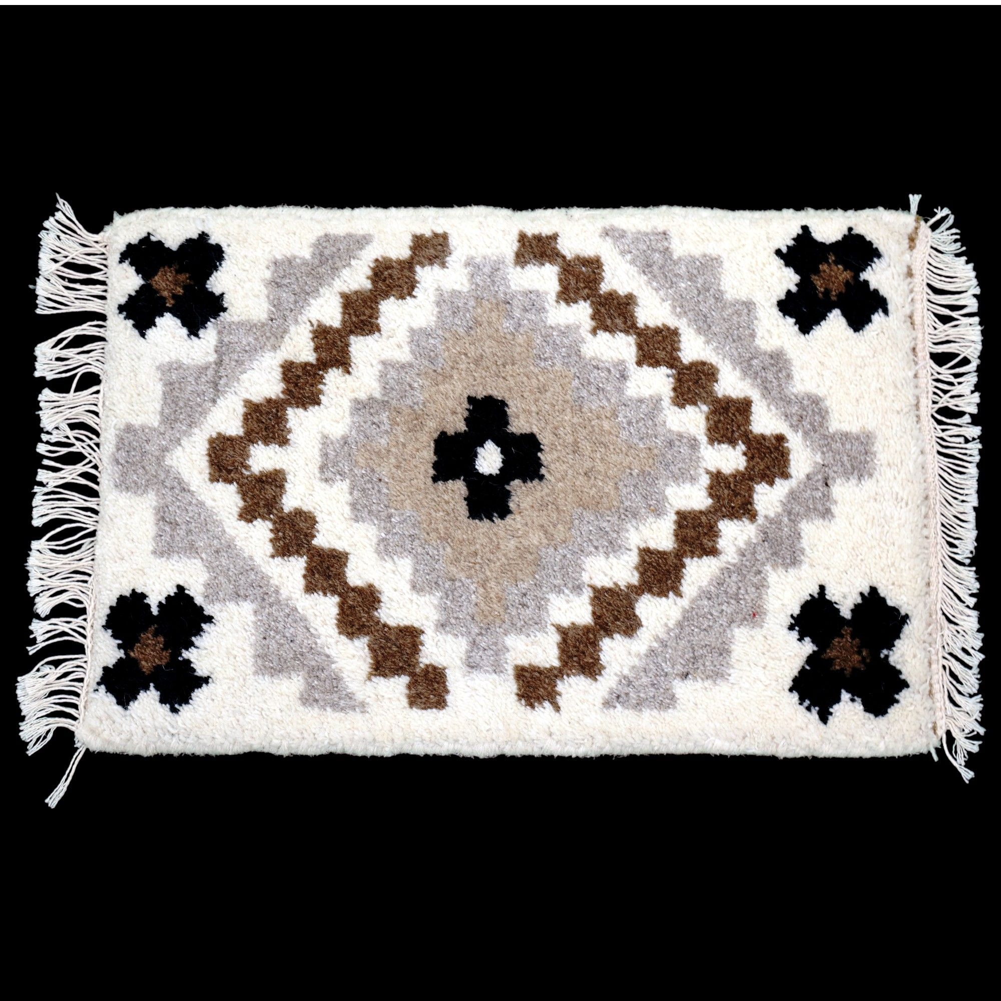 ELURU-Elegant Geometric Woolen Door Mat | Soft Handcrafted Ethnic Carpet with Fringe – Beige & Brown