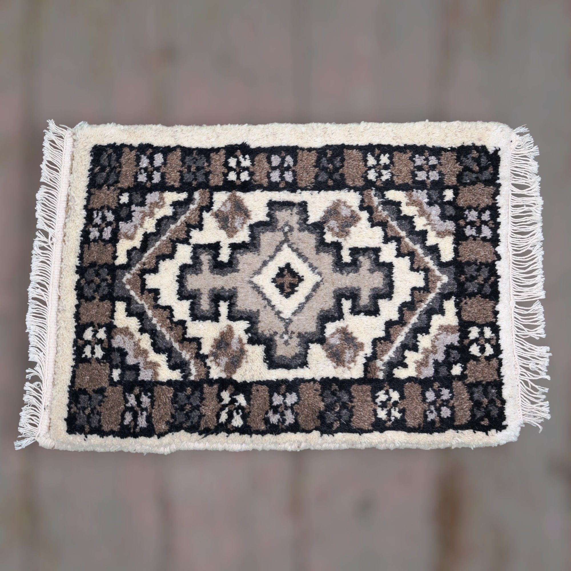 ELURU Classic Ethnic Geometric Door Mat | Soft Woolen Decorative Carpet with Fringe – Beige, Brown & Black