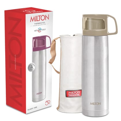 Milton Glassy 1000 Thermosteel Vacuum Insulated Double Walled Flask with Drinking Cup lid & Jacket, 1000 ml Water Bottles,24 Hours Hot & Cold,Easy to Carry,Rust Proof, Tea, Coffee,Travel Bottle,Grey