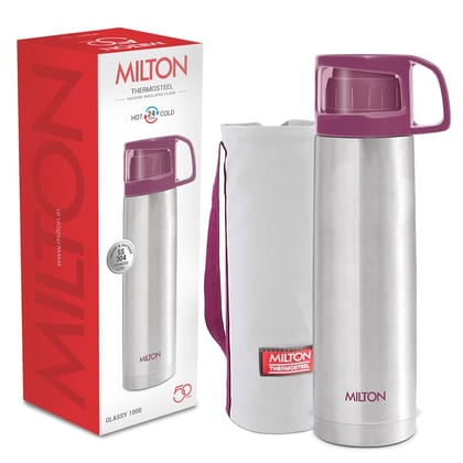 Milton Glassy 1000 Thermosteel Vacuum Insulated Double Walled Flask with Drinking Cup lid & Jacket, 1000 ml Water Bottles,24 Hours Hot & Cold, Easy to Carry,Rust Proof, Tea, Coffee, Travel Bottle,Pink