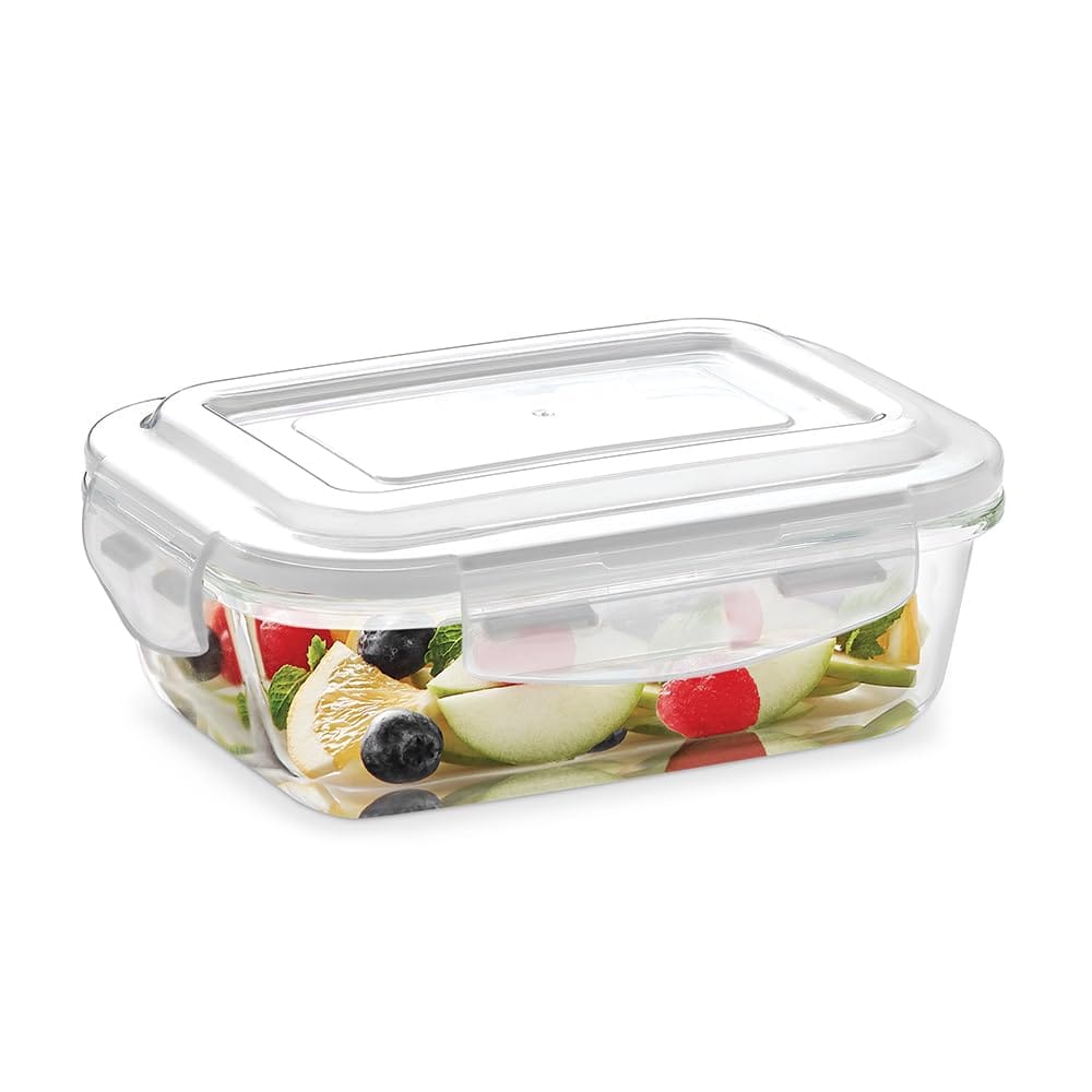 Borosil Klip n Store 370ml Rectanglular Food Storage Container with Airtght Glass Lid | Made in India Borosilicate Glass Container for Lunchbox | Microwave & Dishwasher Safe | Transparent