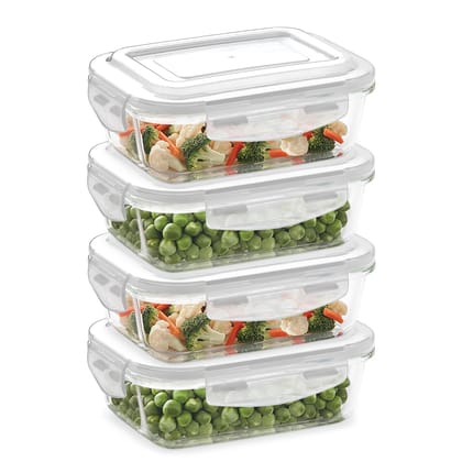 Borosil Klip n Store (370ml x 4) Rectangle Glass Food Storage Container Set with Air Tight Lid | Borosilicate Glass Container for Lunchbox | Microwave & Oven Safe | Transparent