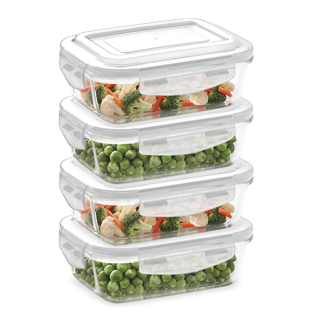 Borosil Klip n Store (370ml x 4) Rectangle Glass Food Storage Container Set with Air Tight Lid | Borosilicate Glass Container for Lunchbox | Microwave & Oven Safe | Transparent