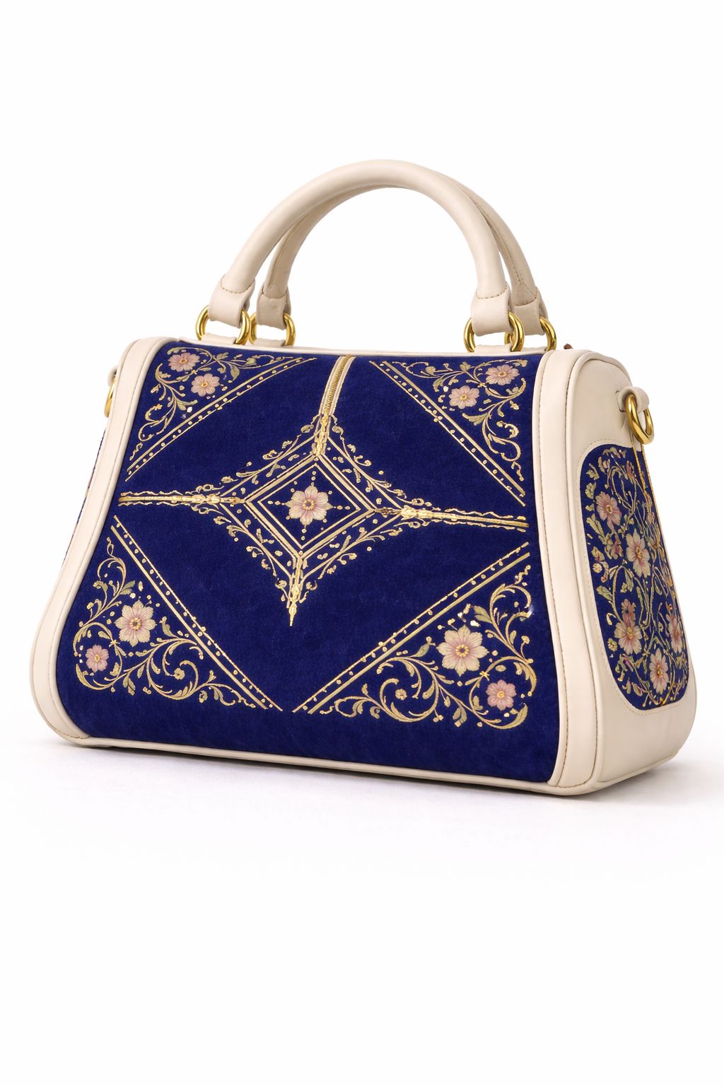 Elegant Blue & Gold Embroidered Handbag with Cream Trim