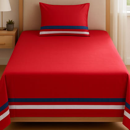 White Red 3 Strip Patch Polycotton Single Bedsheet with Pillow Cover White Red 3 Strip Patch Polycotton Single Bedsheet with Pillow Cover