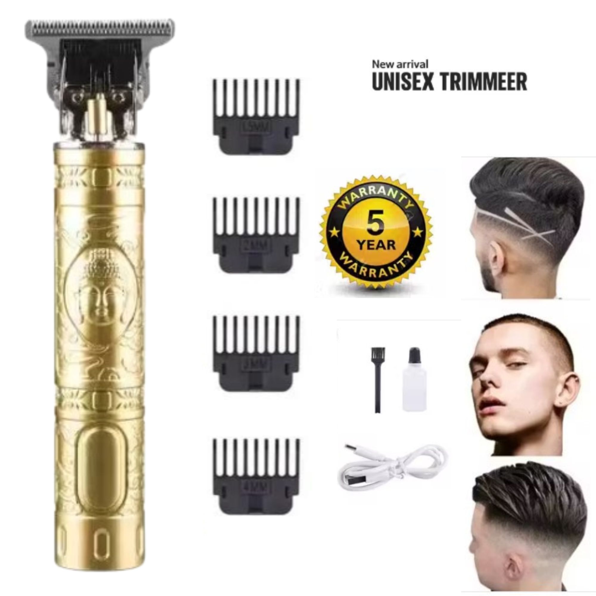 Professional Gold Hair Trimmer with 4 Guide Combs and 5-Year Warranty