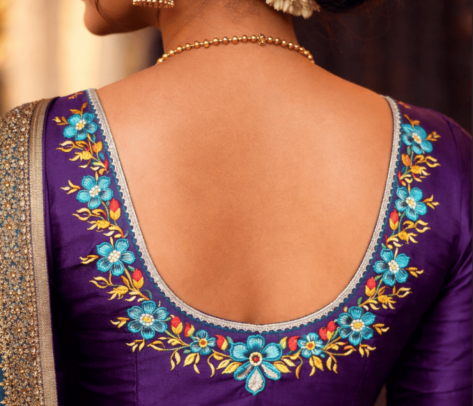 Floral Embroidered Purple Silk Blouse