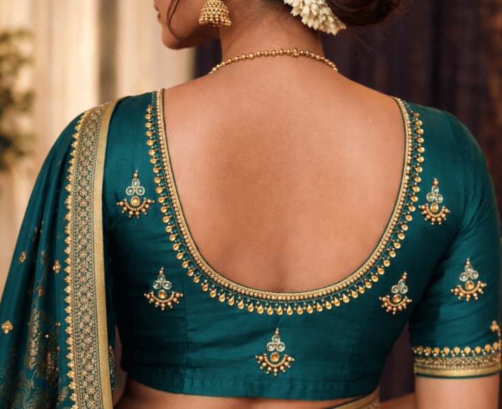 Teal Silk Blend Embroidered U-Neck Blouse
