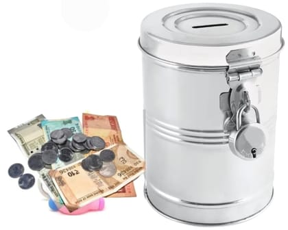Mii Art Premium Stainless Steel Gullak with Lock & Key | Traditional Metal Money Bank for Kids & Adults | Durable Silver Coin Box & Piggy Bank (Large) Mii Art Premium Stainless Steel Gullak with Lock & Key | Traditional Metal Money Bank for Kids & Adults | Durable Silver Coin Box & Piggy Bank (Large)