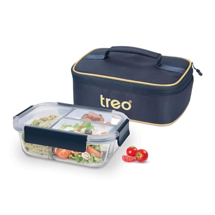 Treo By Milton All Fresh Rectangle 3 Compartment Lunch Box | 1000 ml Borosilicate Glass | Microwave & Oven Safe | Air-Vent Leak-Proof Lid with Jacket Containers | for Office & Travel, Blue