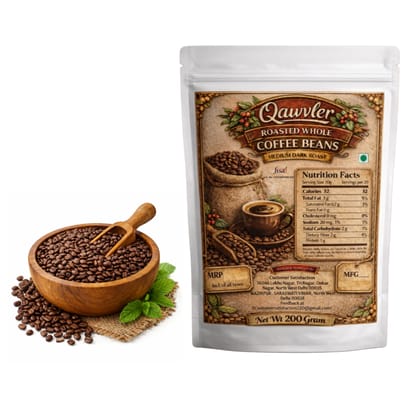 Qawvler Roasted Whole Coffee Beans | AAA Grade | Medium Dark Roast | Strong & Aromatic Coffee Beans 200 Gram Pouch
