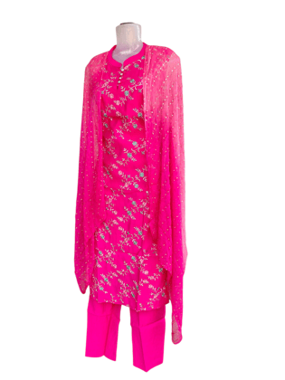 Rani Pink Georgette All-Over Floral Embroidered Sleeveless Salwar Suit Set with Sequined Net Dupatta