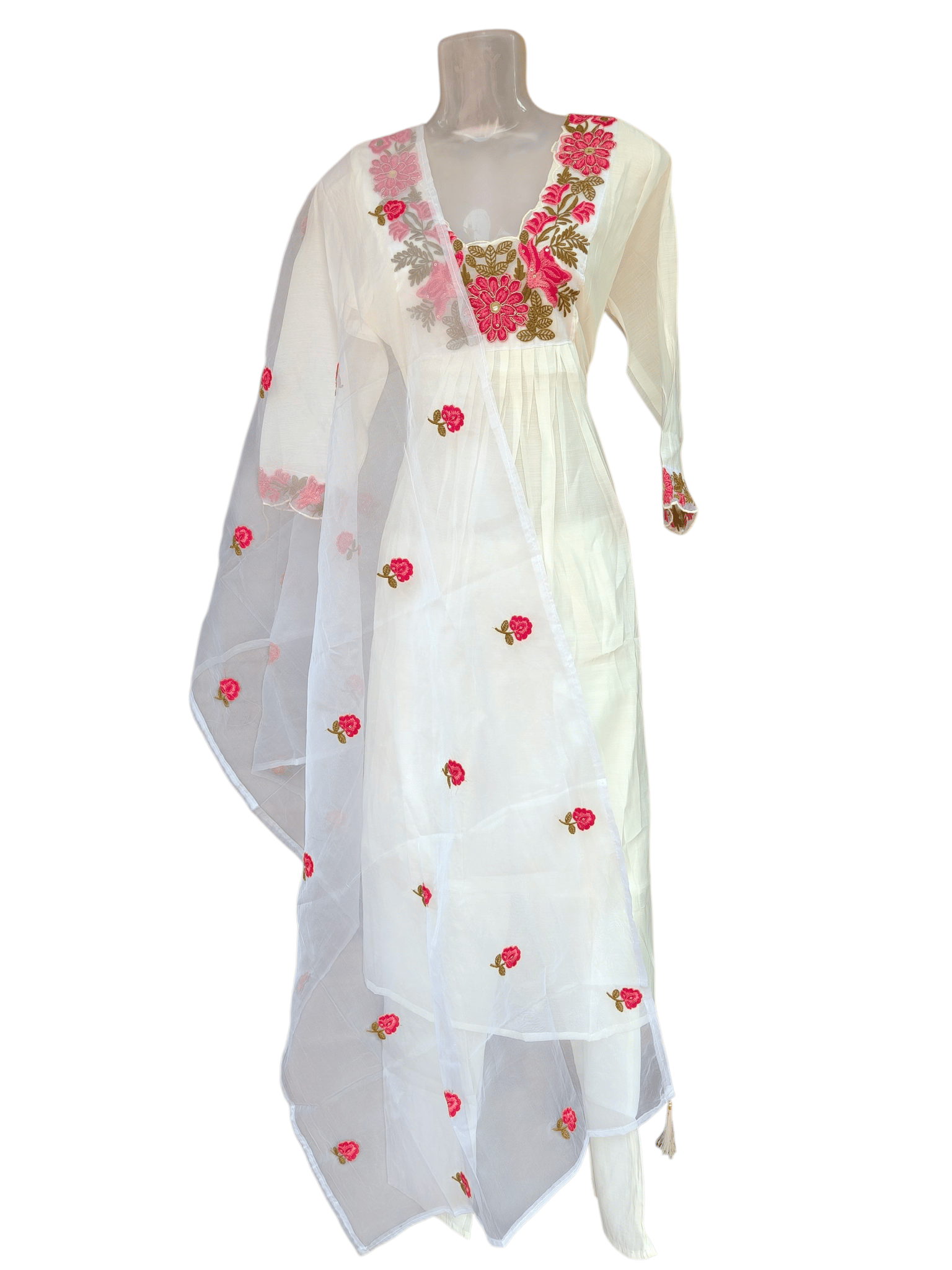 Off-White Chanderi Silk Anarkali Suit Set with Floral Resham Embroidery & Organza Dupatta