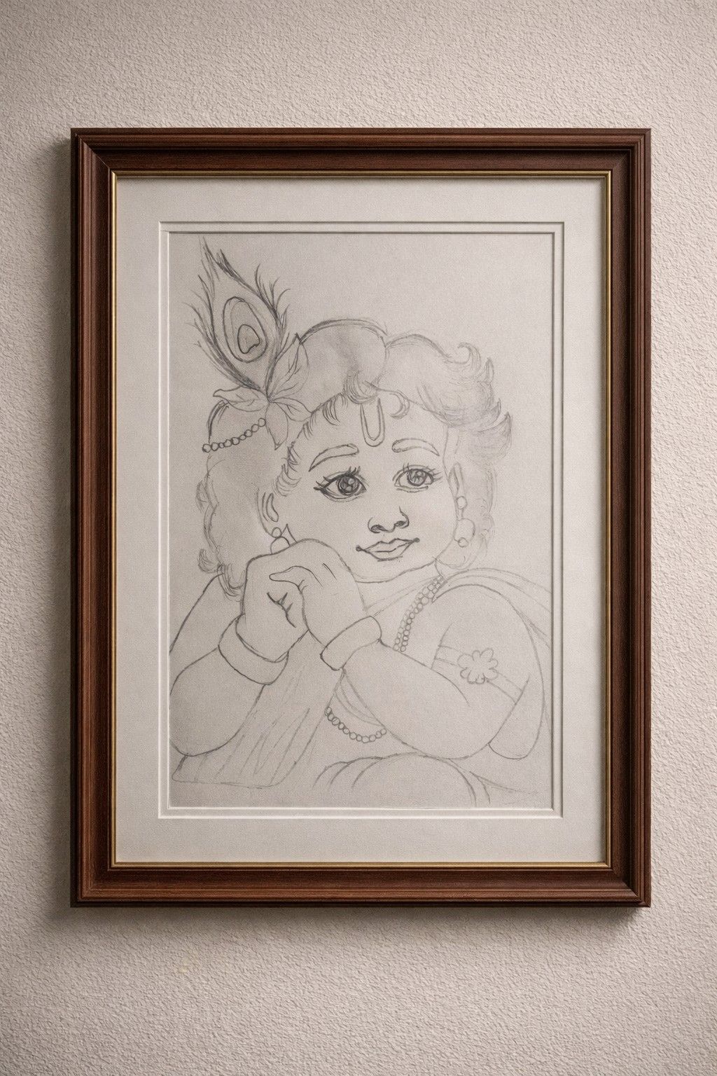 Divine Bal Krishna Pencil Sketch – A4 Size Framed Wall Art