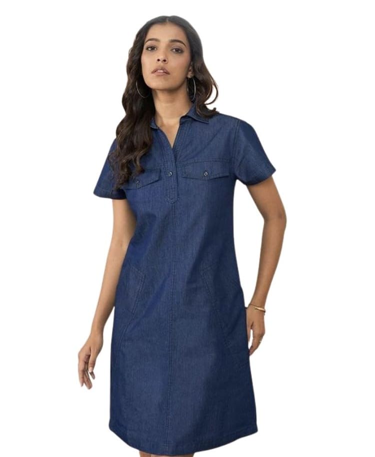 Women's Casual Denim Half Sleeves Dress (Blue, L)-PID63376